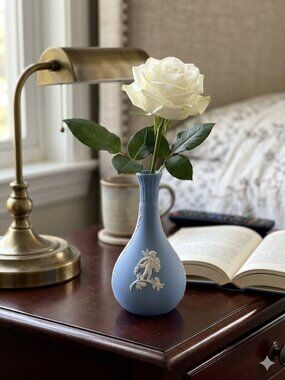 Wedgwood Blue Jasperware Bud Vase with White Motif - Cupid